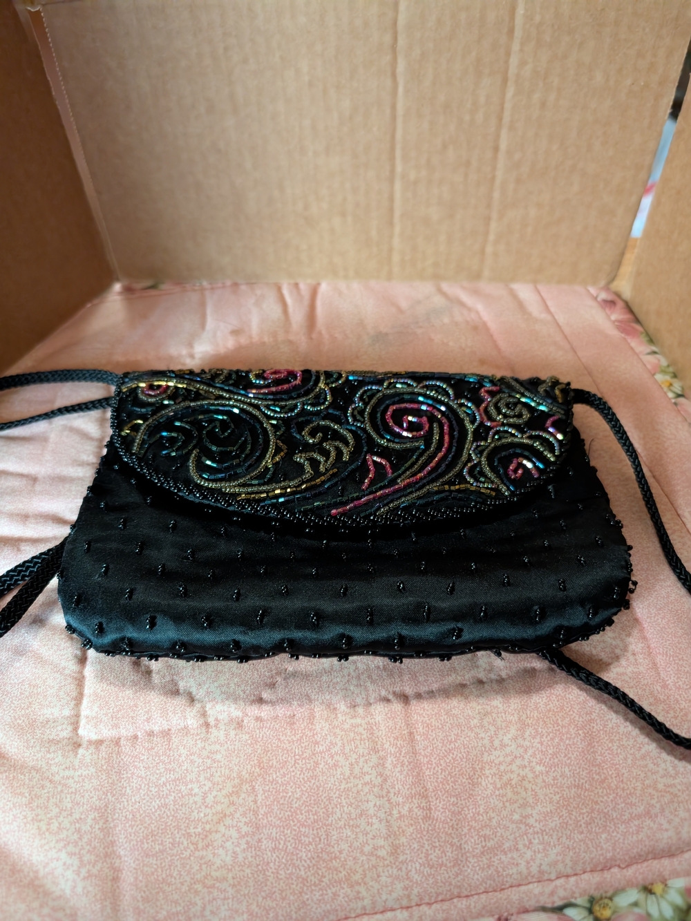 Beaded Black Evening Crossbody Bag with Multicolor Embroidery